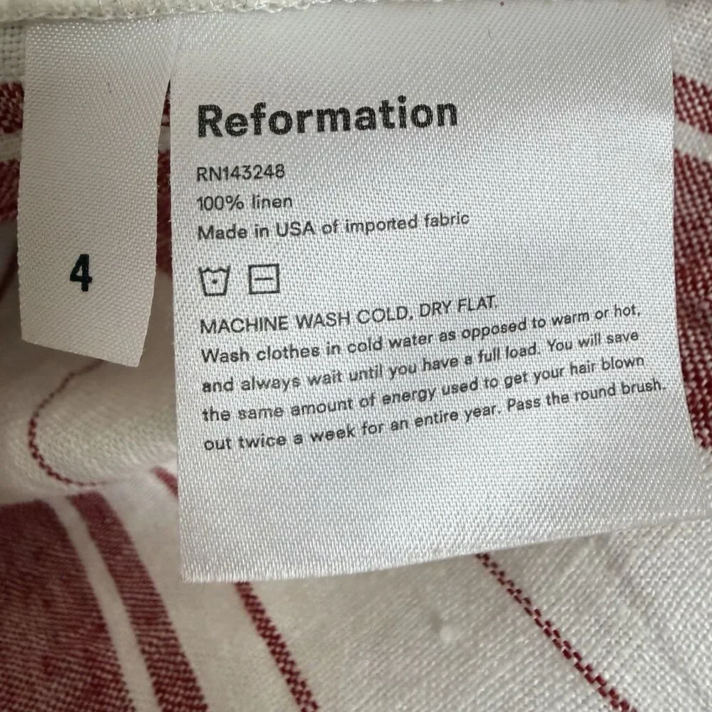Reformation Finnegan Linen Striped Blouse Top White Red Stripe Size 4 Coastal